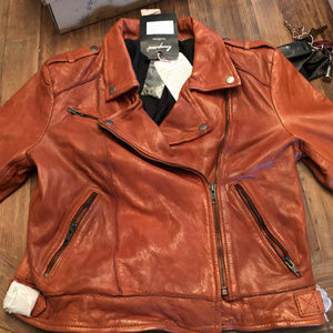 RUST BROWN  LEATHER MOTO BIKER JACKET US10/UK14